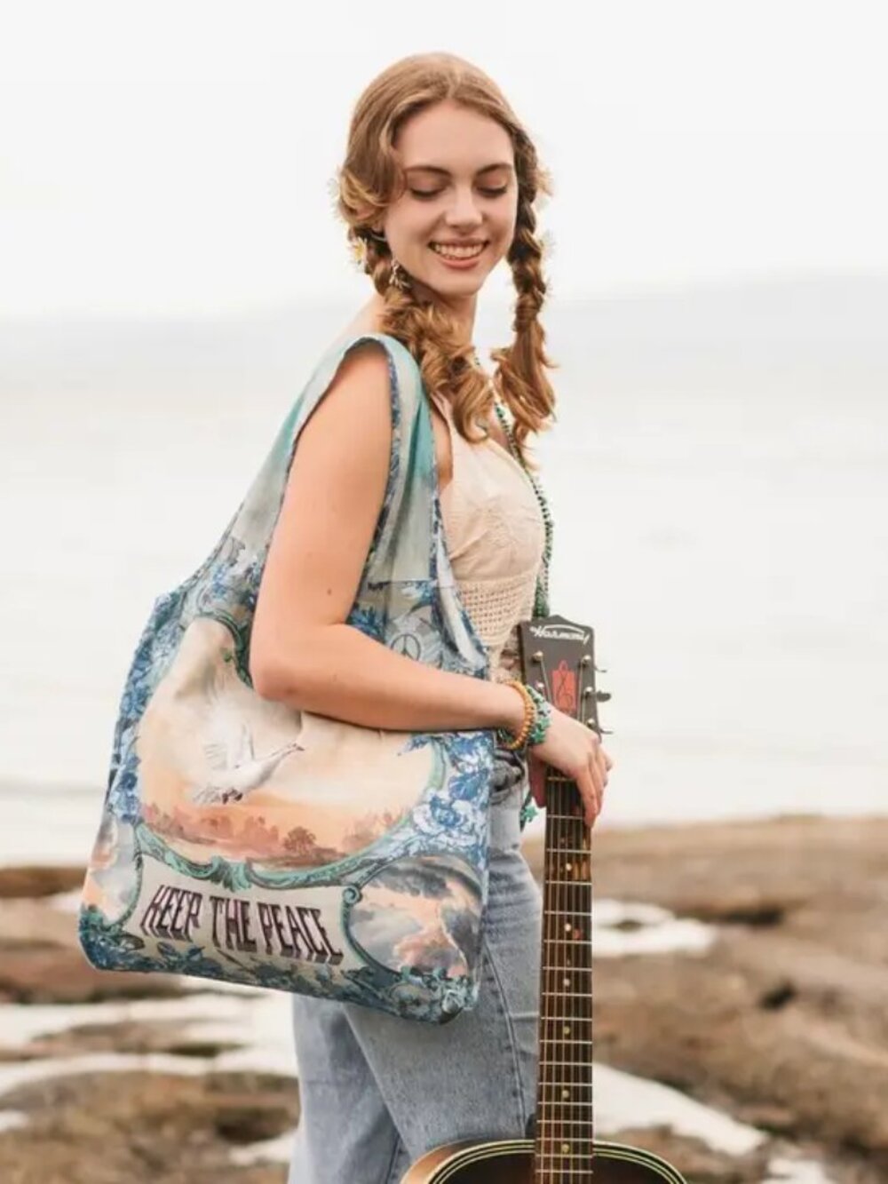 Market of Stars - Peace Out Turquoise Linen Tote Bag with Doves and Sunrise NWT